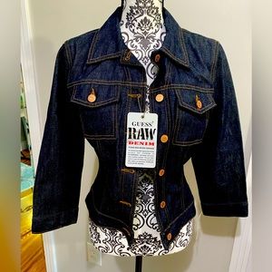 NWT GUESS JEAN JACKET 3/4 SLEEVES RAW DENIM SZ M BUTTON UP